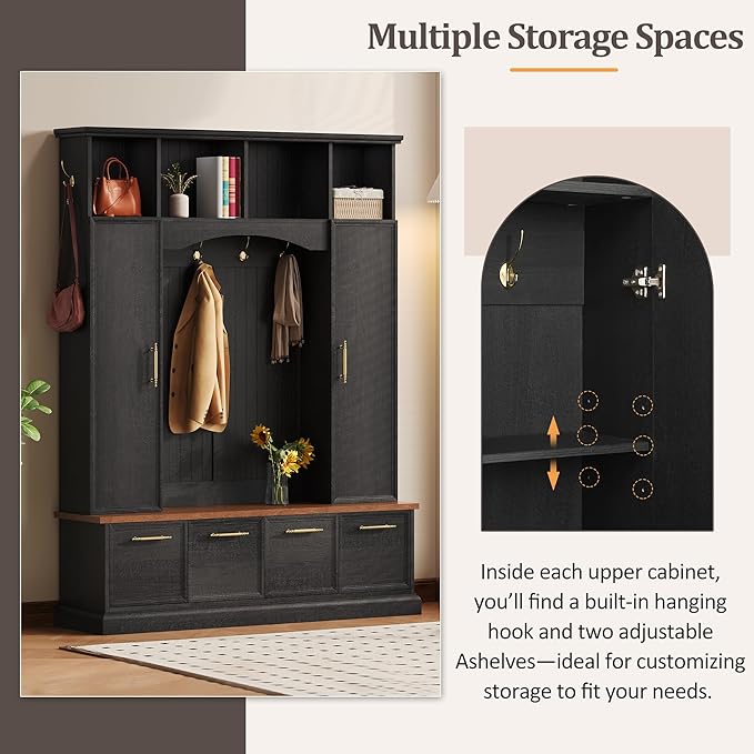 Versatile Hall Tree with Golden Hooks and 2 Doors, 5-in-1 Wood Coat Rack Entryway Shoe Cabinet with Bench& Adjustable Shelves, Functional 59'' Wide Hall Tree for Entrance Hallway (Black-8.2)