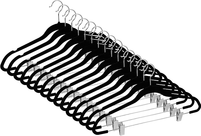 ZOYER Black Velvet Hangers 20 Pack - Heavy Duty Metal Felt with Clips, Space-Saving Flocked Hanger for Clothes, Skirts, Coats with 360° Swivel Hook