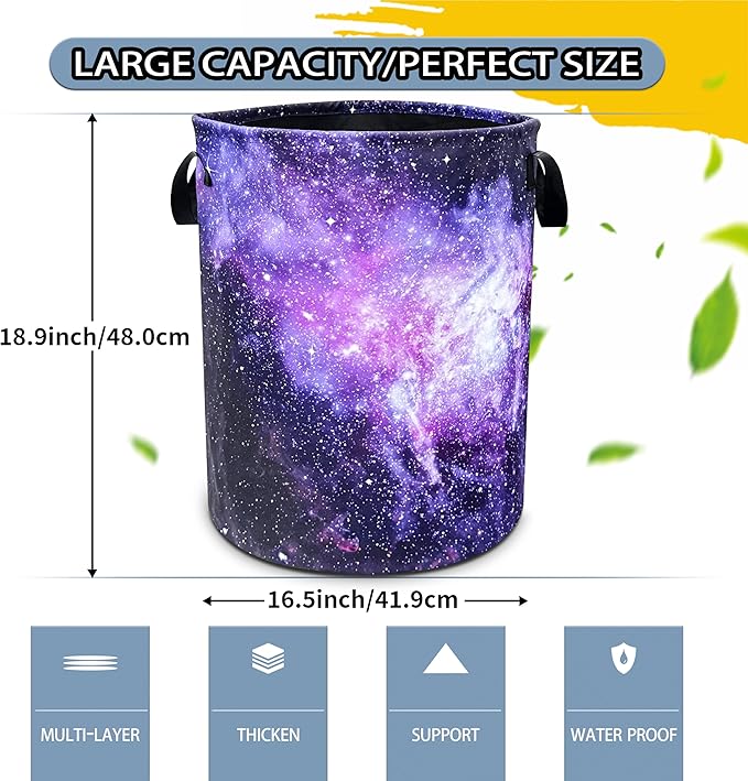 Pink Purple Galaxy Laundry Basket Universe Starry Sky Foldable Oxford Cloth Funny Tote Bag Laundry Hamper Clothes Storage Bucket Toy Organizer For Bathroom/Laundry/Bedroom 18.9x16.5 In