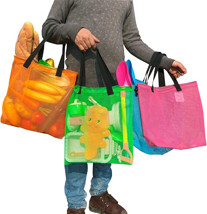 4Pieces Cute Mesh Pool Tote Bags,Mesh Beach Bags With Drawsting For Swim,Travel,Party