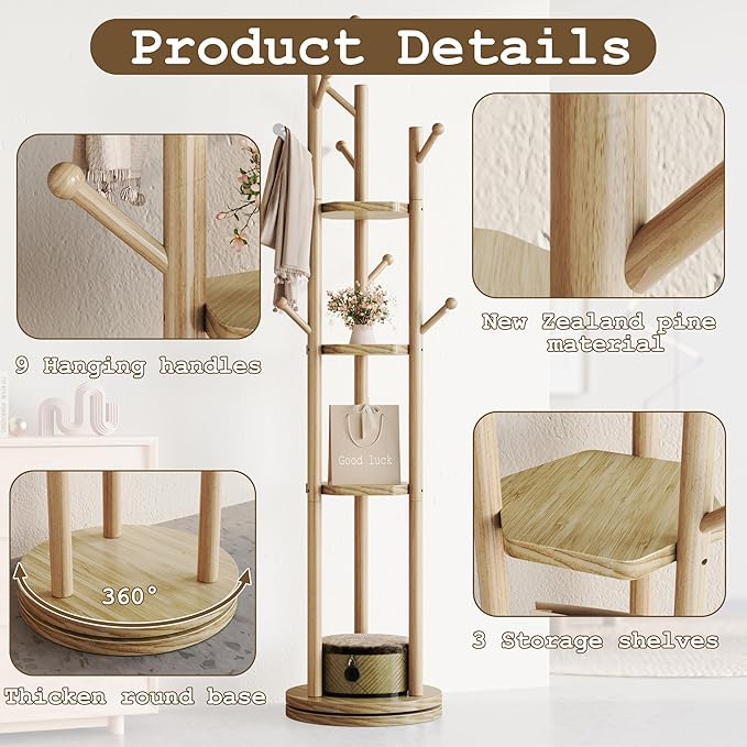 Solid Wood Coat Rack Freestanding, Rotating Coat Rack with 3 Shelves and 9 Hooks, Coat Tree for Bedroom, Entryway, Livingroom, Coat Hanger Stand for Coats, Scarves, Handbags (Natural)