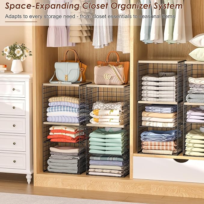 6-Tier Closet Organizers and Storage, Closet Shelves with Adjustable Dividers & Wood Top, Dual-Layer Reinforced Storage Bins, Larger Capacity Clothes Shelf Basket for Closet Organizer System