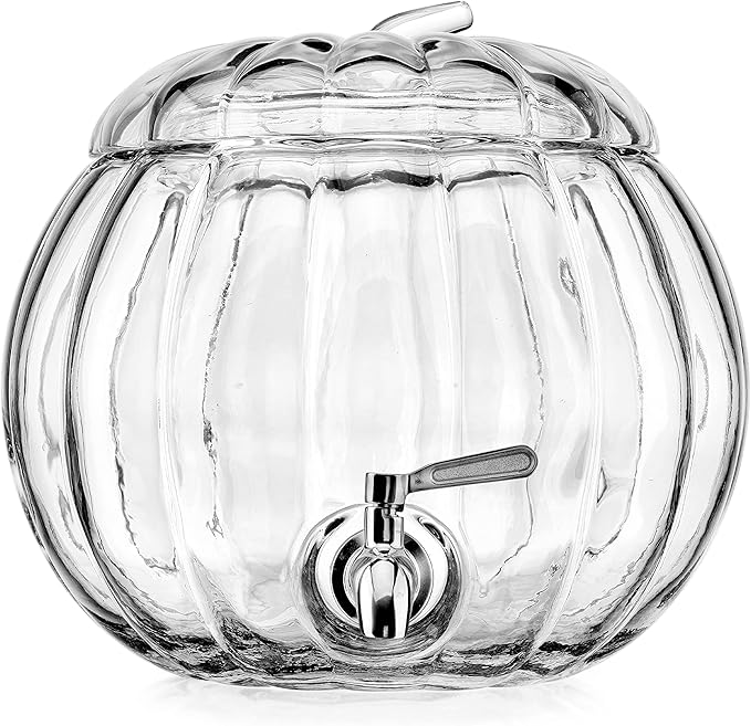 Home To Table 2.11 Gallon Clear Glass Pumpkin Ice Cold Jug Beverage Dispenser With Stainless Steel Easy Flow Spigot/Trick Or Treat Bowl Great For Outdoors, Parties, Bars & Daily Use