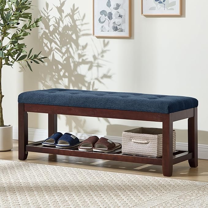 Shoe Bench Entryway, 44" End of Bed Bench,Upholstered Linen Bench for Living Room,Fabric Ottoman Bench with Solid Wood Shelf for Bedroom, Entrance Darkblue