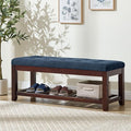 Shoe Bench Entryway, 44" End of Bed Bench,Upholstered Linen Bench for Living Room,Fabric Ottoman Bench with Solid Wood Shelf for Bedroom, Entrance Darkblue