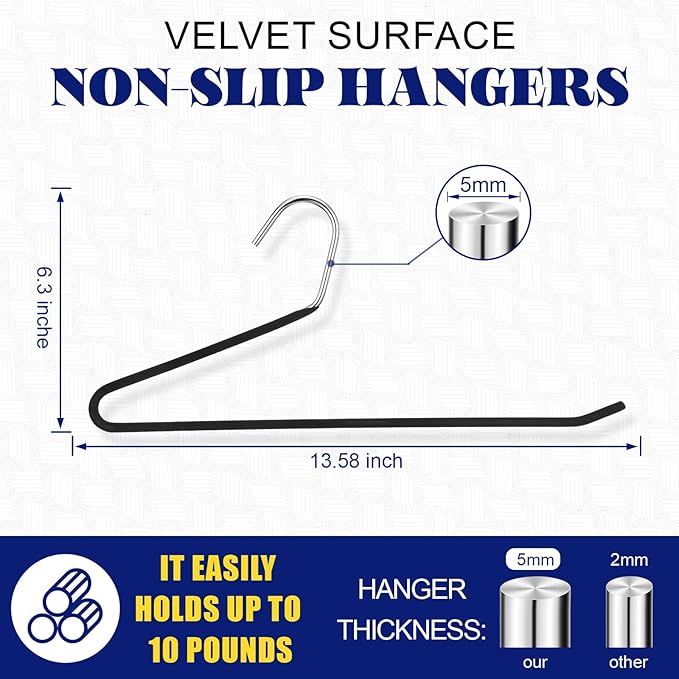 12 Pcs Threehoney Velvet Metal Pants Hanger Non-Slip Heavy Duty 13. 58 Inches-inch Long Open Ended Hangers Closet Space Saving Clothes Hanger Set for Pants Trouser, Blankets, and Jeans, Scarf, Black