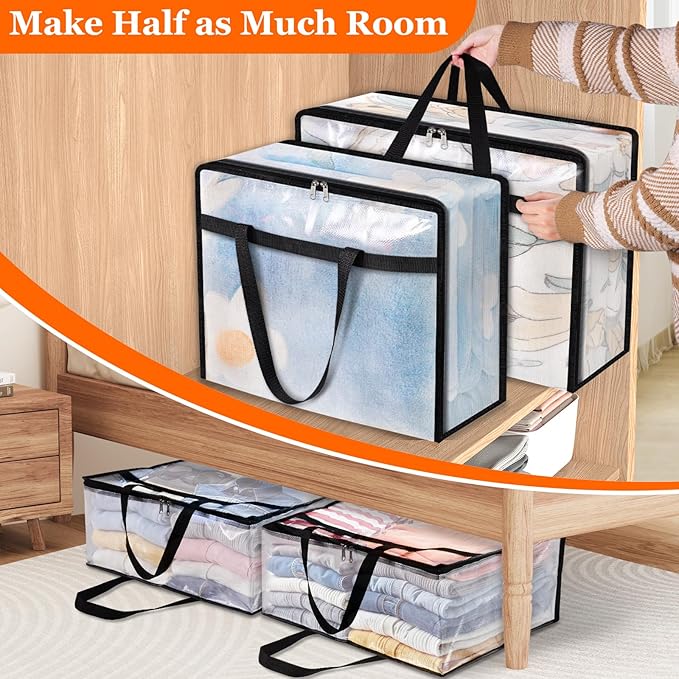 4 Pack Clear Storage Bags for Comforter, Clothes & Bedding, Plastic Blanket Storage with Zipper and Handle, Moving Bags, Closet Organizer and Under-Bed Storage (60L)