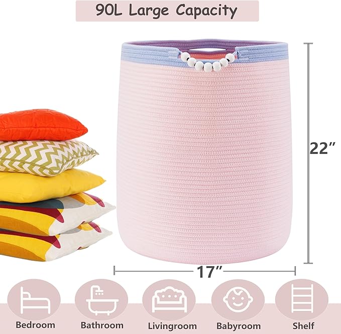 90L Large Pink Woven Rope Laundry Hamper Basket for Clohtes Boho Tall Rope Baskets for Blanket Baby Nursery Hamper for Girls Kids 17"Wide 22"Tall
