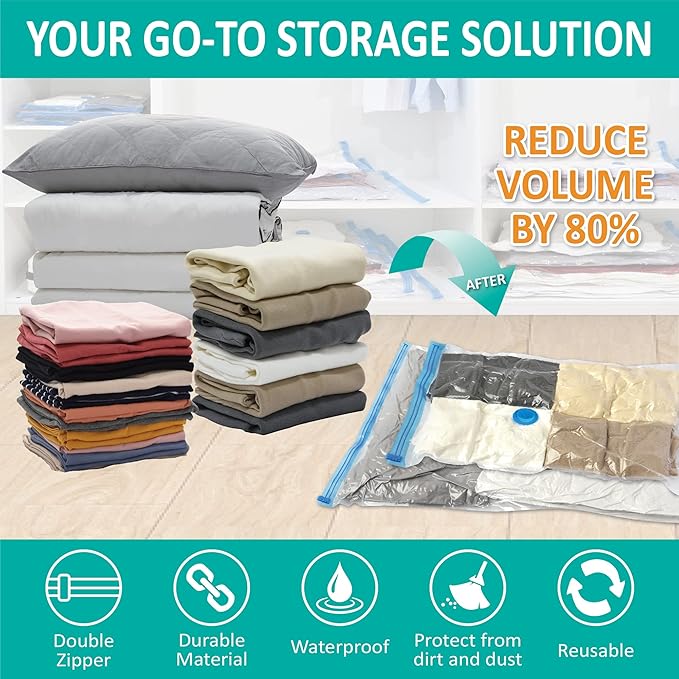 Space Saver Storage Bags, (2 Jumbo/2 Large/3 Medium/3 Small/6 Roll) Compression Vacuum Sealer Bags for Comforters, Blankets, Clothes Storage, Hand Pump Included, 16 Pack