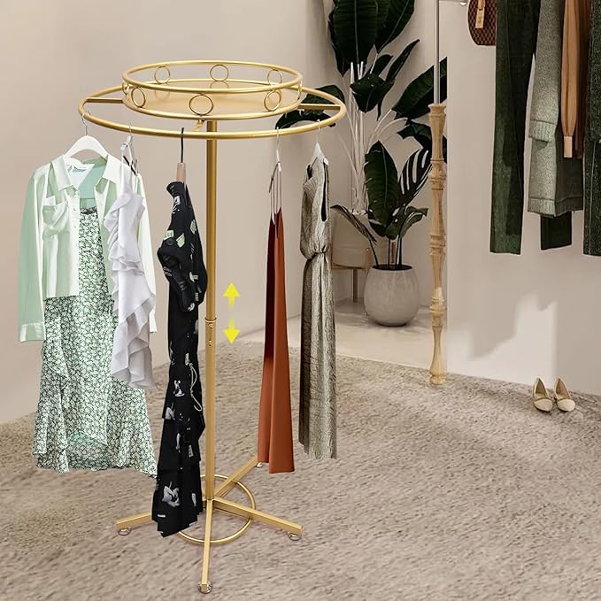 Round Garment Rack Floor Standing Rotating Clothes Hanging Rack with Topper 3.38-5.02ft Height Adjustable Retail Display Stand Metal Commercial Clothing Organizer Stand (Gold)