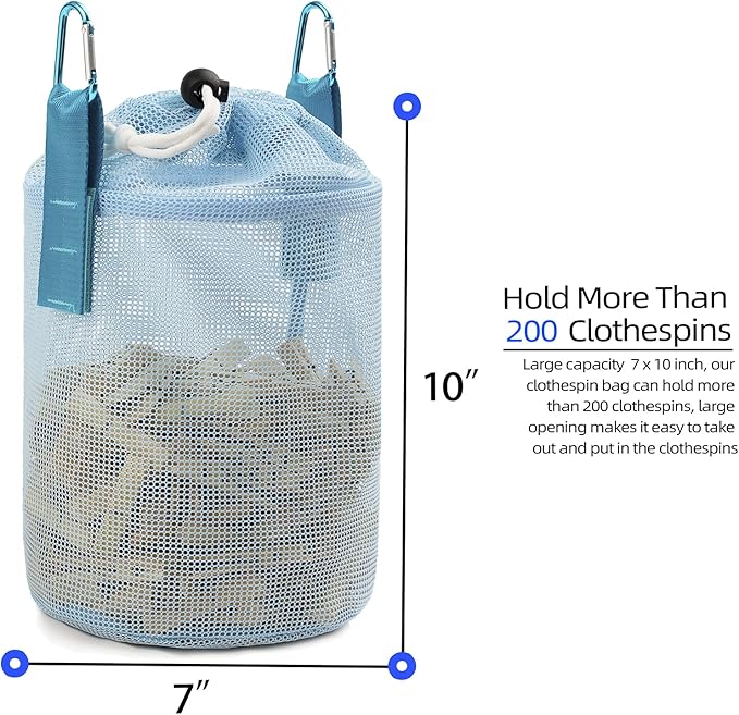 MinYee Mesh Clothespin Bag for Clothesline Outdoor, Multiple Hanging Methods Clothes Pin Bag with Drawstring Closure, Ventilation and Moisture Resistance, LargeCapacity Clothespin Storage Organizer