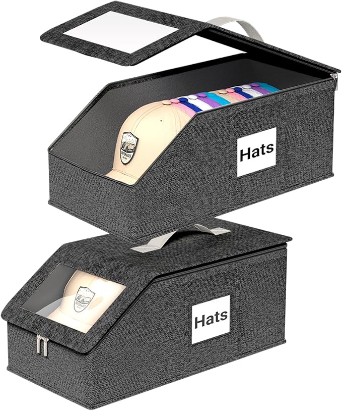 Hat Organzier for Baseball Caps - 2 PCS Stackable Hat Storage Holder Holds up to 26 Caps for Closet, Dust-Proof Hat Boxes Container with Clear Window for Home