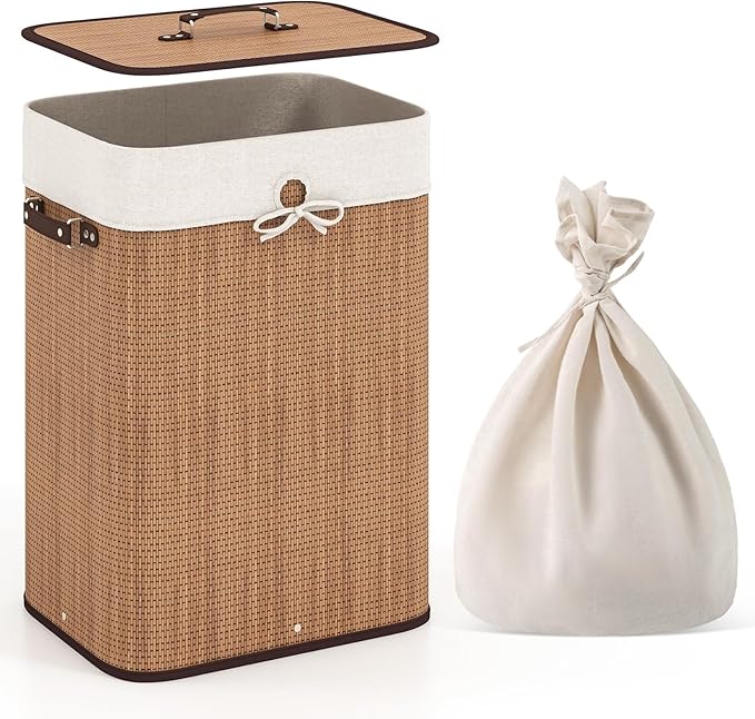 Giantex Bamboo Laundry Hamper with Lid, 72L Large & Tall Clothes Hamper with Removable Liner & Handles, Rectangular Laundry Basket for Small Spaces, Laundry Room, Bedroom