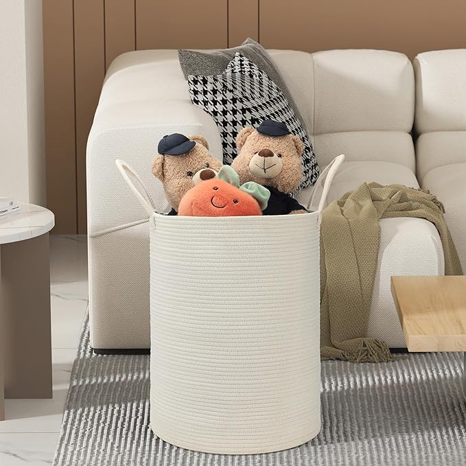 58L Cotton Rope Laundry Basket (20"x15"),Woven Basket for Storage Dirty Clothes Basket for Laundry, Living Room, Nursery, Bedroom Rope Storage Basket for Blankets（White）