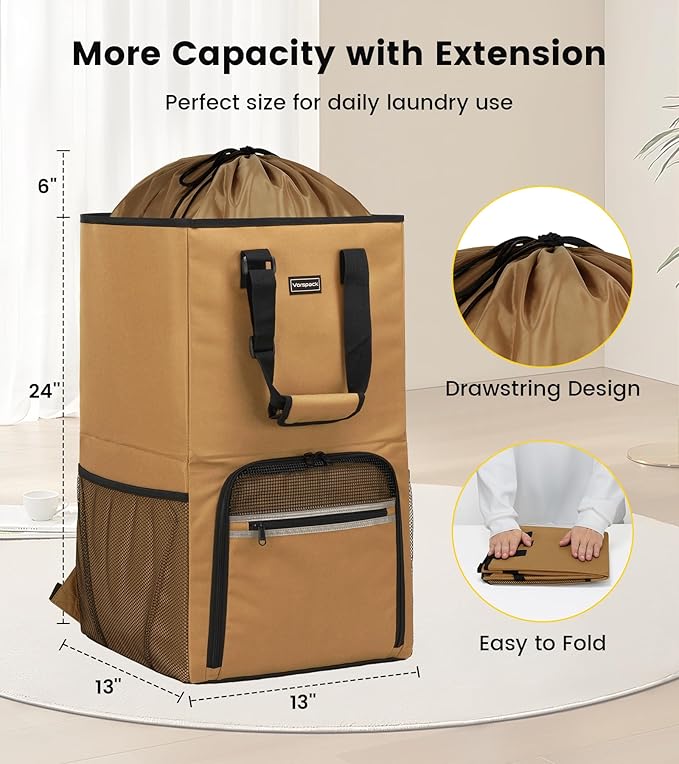 Vorspack Laundry Bag Backpack - Extra Large Laundry Bags with Shoulder Straps Heavy-duty 2 in 1 Laundry Hamper Basket for College Dorm Camp Laundromat Room Essentials - Khaki