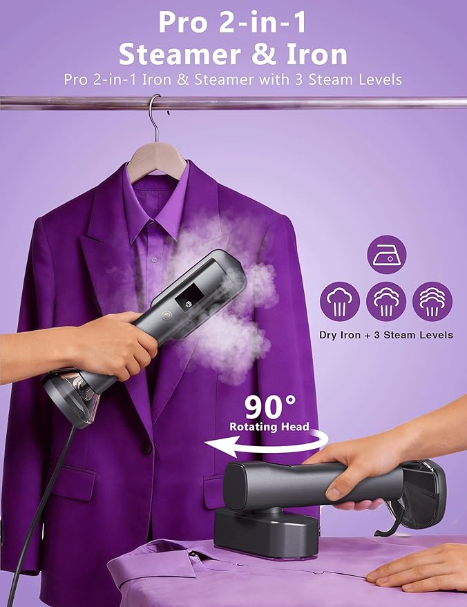 Steamer for Clothes,Portable Handheld Garment Steamer, 200ml Capacity,1000W 15s Fast Heat-UP, Leak-Proof Fabric Quick Wrinkle Remover Ceramic Panel, 2-in-1 Dry & Wet Iron for Home and Travel -Purple