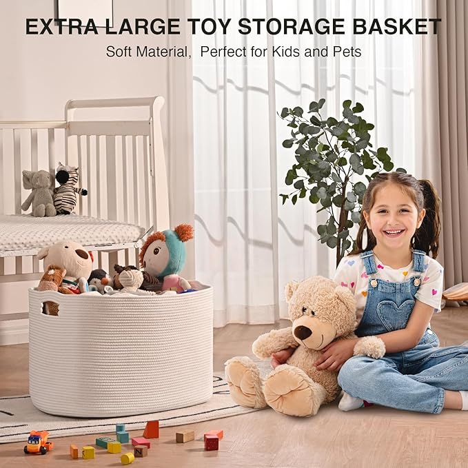White Laundry Basket, Blanket Baskets for Living Room, Cotton Rope Baskets for Storage, Woven Basket for Blankets, Toys, Clothes, Shoes, White, 25”x16”x16” (105L)