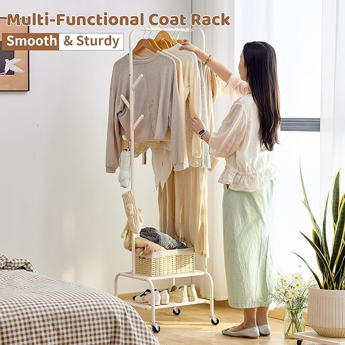 FILWH Rolling Coat Rack with Storage Shelf Freestanding Coat Rack Hall Tree with 6 Hooks for Entryway, Bedroom Metal Clothes Hanger Stand for Hats, Jackets, Bags,Shoes (White, Double-layer)
