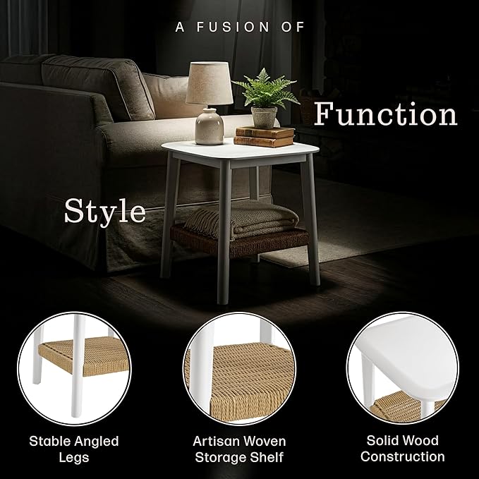 Alaterre Furniture Calais Side Table - 2-Tier Small End Table with Woven Storage Shelf - Wooden Nightstand for Small Spaces, Living Room, or Bedroom - Mid Century Modern Furniture (White)