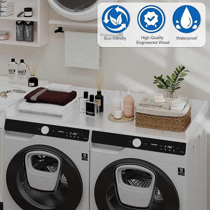 efluky Washer Dryer Countertop, Wood Countertop with Edge Rails for Laundry Room Organization and Storage, Washer Dryer Topper for Laundry Room, 27.5" x 54" White Marble
