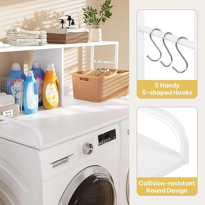 DWVO 2-Tier Washer Dryer Countertop with Shelf, 53" W x 27.6" D with with 2.8" Edge Rails & 2 Hooks, Laundry Countertop for Organization, Washer and Dryer Topper, White