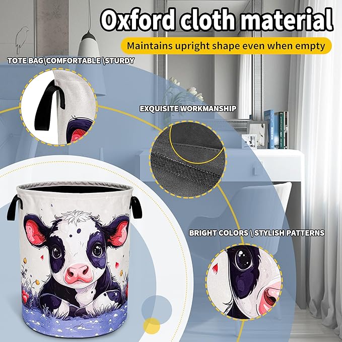 Cute Cow Laundry Basket Animal Foldable Oxford Cloth Funny Tote Bag Laundry Hamper Clothes Storage Bucket Toy Organizer For Bathroom/Laundry Storage/Bedroom 18.9x16.5 Inch