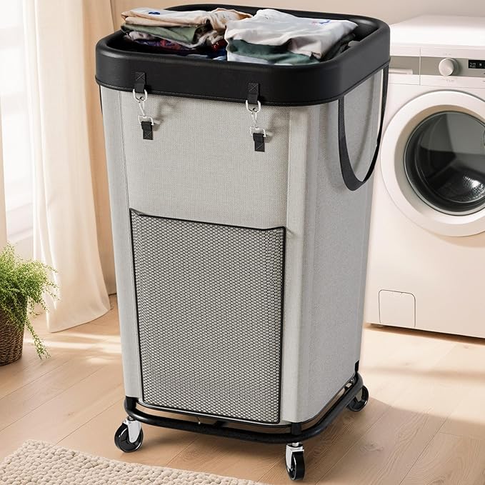 Laundry Hamper Laundry Basket with Wheels, Large Capacity Dirty Clothes Basket with Wheels, Suitable for Bedrooms, Bathrooms and Laundry Rooms (Milky, 160L)