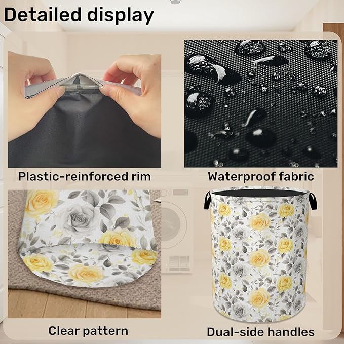 Yellow Gray Flowers Large Clothes Hamper Bag - Laundry Basket with Handles, Space Saving Foldable Design for Nursery