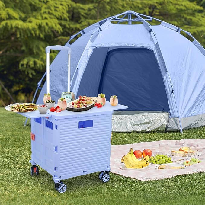 FELICON SELORSS Folding Utility Cart Portable Rolling Crate Handcart with Magnetic Sliding Lid Telescoping Handle Plastic Box Dolly 360°Swivel Wheels for Travel Shop Move Office Teacher Use(Blue Pro)