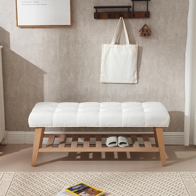 Entryway Shoe Bench Storage Benches with Upholstered Button Tufted Seat and Open Slatted Shelf Linen Shoe Rack for Hallway Living Room Bedroom End of Bed, Beige