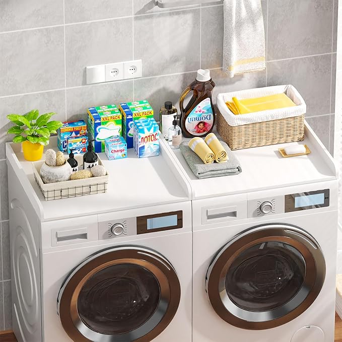 Washer Dryer Countertop Set of 2, 54.34" L x 27.56" W x 2.76" H Laundry Topper for Washer and Dryer, Wood Laundry Countertop with Anti-Slip Pads & Edge Rails for Laundry Room Organization (White)