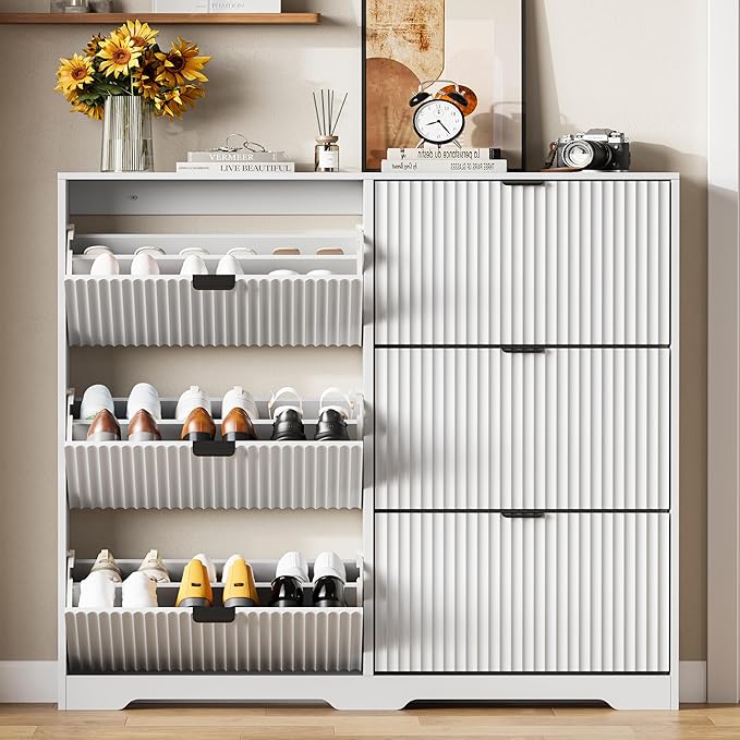 Shoe Cabinet Storage for Entryway with 6 Flip Drawers, White Fluted Shoe Cabinet with Adjustable Shelves, Wooden Hidden Shoe Rack Freestanding Narrow Slim Shoes Storage for Hallway, Entrance