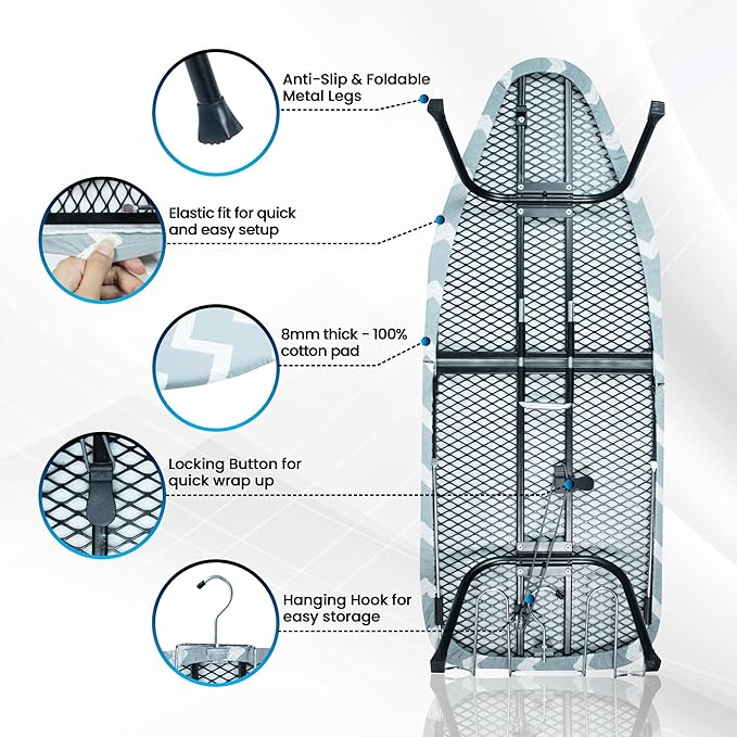 Metal Mesh Panel Tabletop Ironing Board | Foldable Iron Board | Heavy Duty Small Iron Board with Heat Resistant Cover and 100% Cotton 8mm Thicken Pad (Elegant Wave)