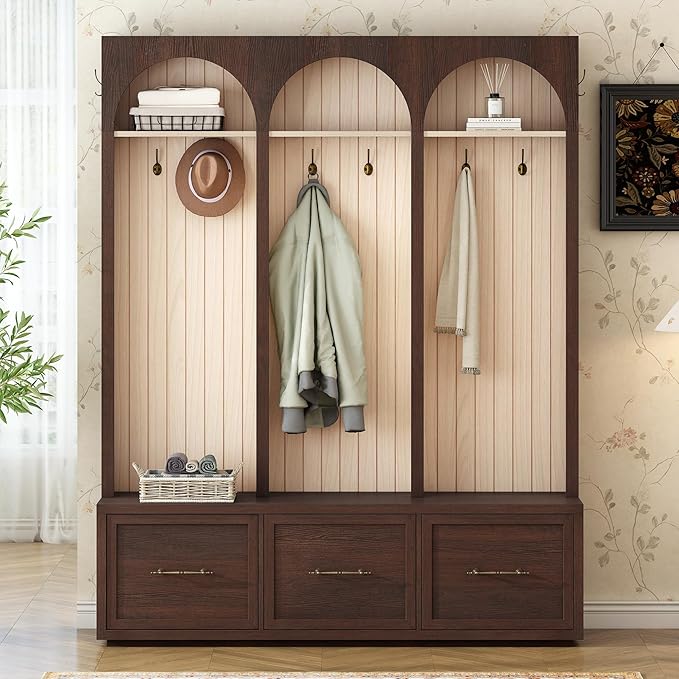 Merax Farmhouse Wood Hall Tree with Shoe Bench and 3 Drawers, 4-in-1 Coat Rack with 8 Hooks for Entrance, Hallway, Mudroom Dark Walnut