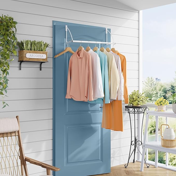 Tajsoon Over the Door Hanger Expandable & Adjustable, Over Door Clothes Hanger Rack for Towel & Coat, Bathroom Over Door Clothes Rack Hooks for Bedroom, Washroom, Fits Doors up to 1¾”, Metal, White