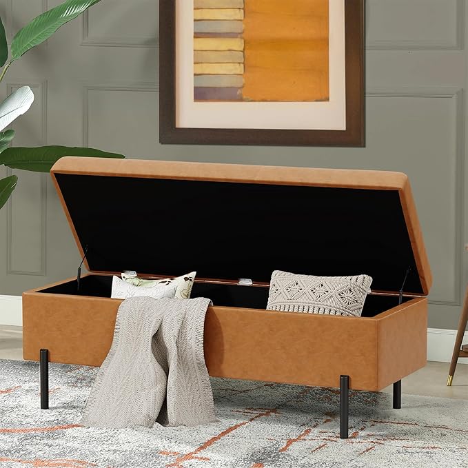 Andeworld Storage Bench, Faux Leather Modern Bedroom Bench, Upholstered Tufted Large Settee Ottoman with Storage Bench for Bedroom,Living Room,Entryway,Brown