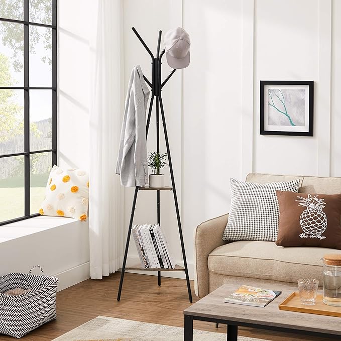 VASAGLE Coat Rack Freestanding, Coat Hanger Stand, Hall Tree with 2 Shelves, for Clothes, Hat, Bag, Industrial Style, Greige and Black URCR016B02