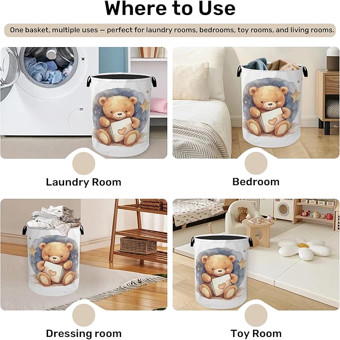 Cute Bear Good Night Foldable Canvas Laundry Basket with Handles - Toy Organizer, Heavy Duty for Home，Bedroom, Dorm, Bathroom