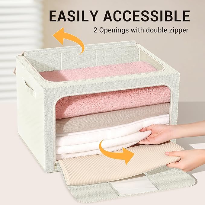 Clothes Storage Bins with Metal Frame Foldable Storage Box Clothes Organizers Storage Containers for Clothes Sheets Blankets Books Toys Gifts and Holiday Decorations (100Lx3 Pack) Beige