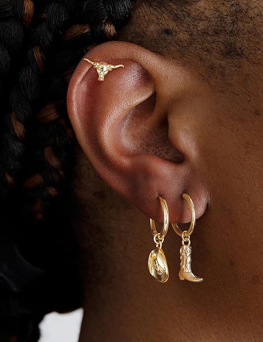 Mameloly Cowgirl Earrings for Women CZ 14K Gold Plated Western Cowboy Hat Dangle Hoop Earrings Cute Jewelry Hypoallergenic