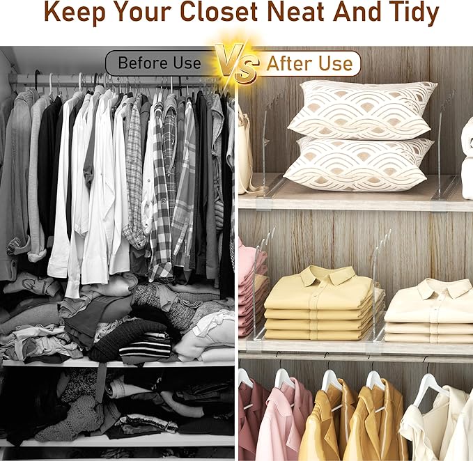 Acrylic Shelf Dividers for Closet Organization - 6 Pack Adjustable Clear Purse Organizer for Closet Handbag, Sweaters, Towels, Clothes Storage with Non-Slip Base