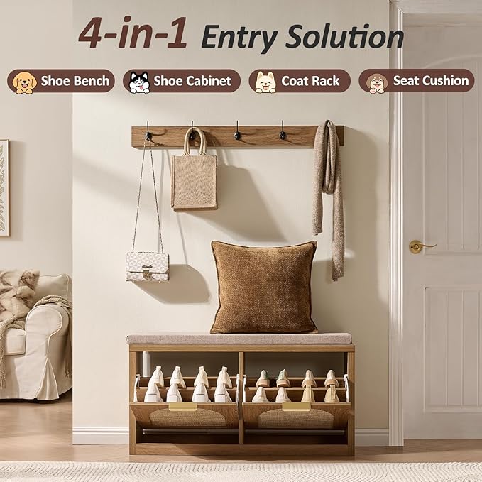 Rattan Narrow Entryway Bench with Shoe Storage, 2 Flip Drawers & Coat Rack, Mid-Century Modern Wood Shoe Cabinet with Seat Cushion for Foyer/Hallway (Rustic Oak Rattan)