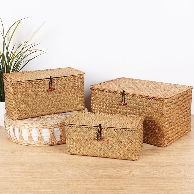 Wicker Shelf Baskets with Lid,Natural Seagrass Storage Basket Boxes Handwoven Rectangular Baskets Bins Multipurpose Home Organizer Decor (Large)