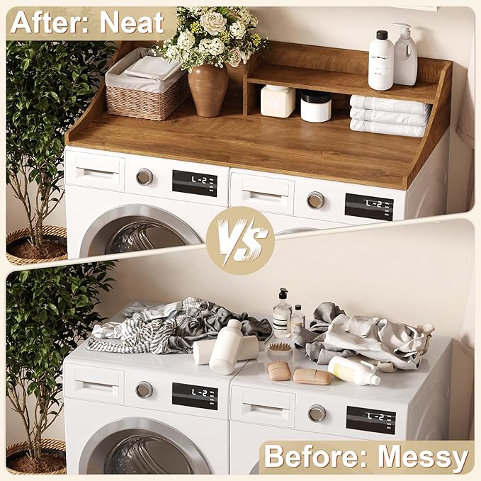 Washer and Dryer Countertop, 54'' Laundry Shelf Organizer Wood Dryer Rack Countertop for Washer and Dryer, Brown