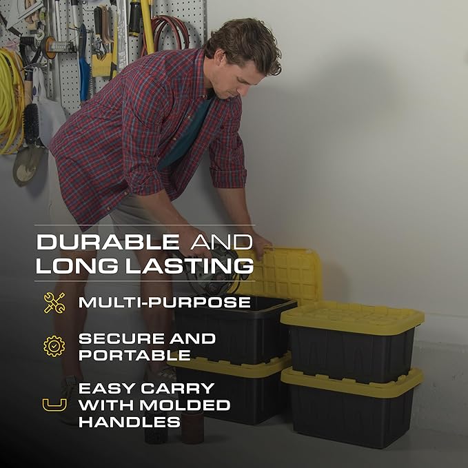 BLACK & YELLOW 5-Gallon Heavy Duty Storage Bins with Lids, Stackable Plastic Storage Bins with Weather-Resistant Design, Home Organization, 4-Pack