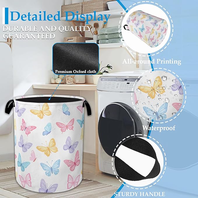 Colorful Butterfly Laundry Basket Collapsible Laundry Hamper Oxford Clothes Toy Storage Bin for Bathroom Bedroom Room Decor 16 X 20.8 Inch