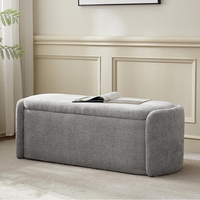 VKNOW Oval Storage Ottoman Bench, 46" Upholstered End of Bed Bench Ottomans Bench Foot Rest, Sherpa Storage Bench for Bedroom, Living Room and Hallway, Light Grey
