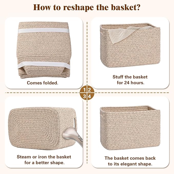 Storage Baskets for Organizing, 4 Pack Baskets for Shelves, Decorative Storage Bins for Shelves, Cotton Rope Storage Basket with Handles, Woven Basket for Storage, 13''Lx8.7''Wx7.9''H, Brown