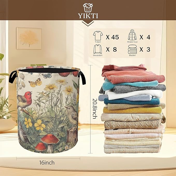 Collapsible Laundry Basket,Vintage Flower Bird Dirty Clothes Hamper,Rustic Butterfly Mushroom Hampers for Bedroom Waterproof Oxford Cloth Storage Organizer for Bathroom,Nursery,Dorm,16x20 Inch
