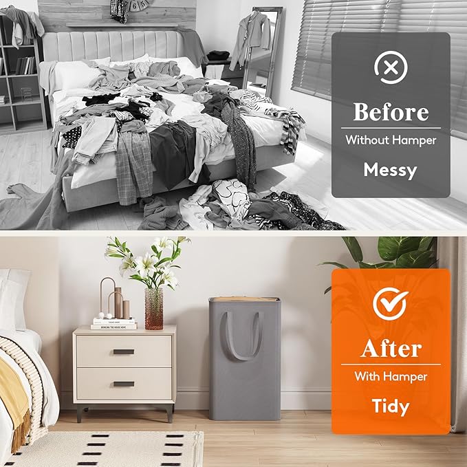 Lifewit 50L Slim Laundry Hamper, Narrow Small Laundry Basket with Handle for Dirty Clothes, Collapsible Tall Thin Laundry Bin for Bathroom Bedroom Dorm College, Grey